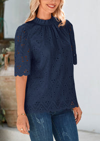 Short Sleeve Eyelet Embroidered Dressy Casual Blouse