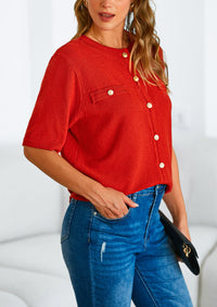 Button Down Casual Short Sleeve Crew Neck Ribbed Knit Shirts