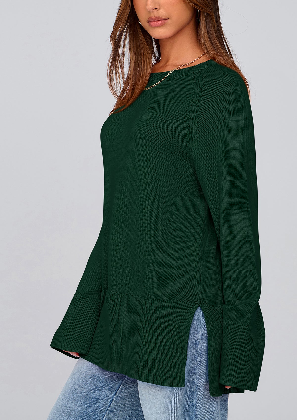 Knit Long Sleeve Crew Neck Split Hem Loose Oversized Tunic Sweaters