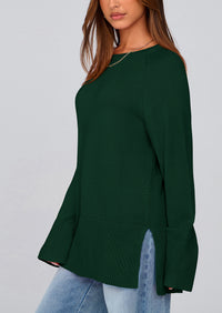 Knit Long Sleeve Crew Neck Split Hem Loose Oversized Tunic Sweaters