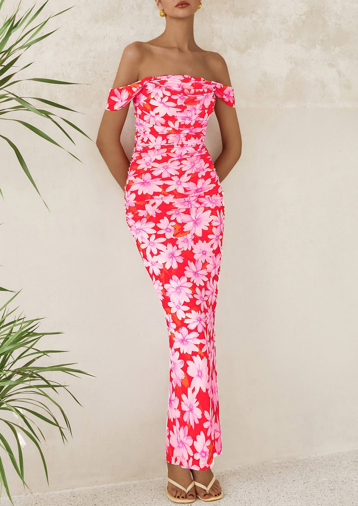Ruched Bodycon Off Shoulder Floral Mesh Cocktail Party Fitted Maxi Dress