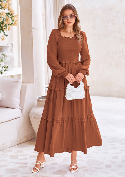 PRETTYGARDEN Fall Wedding Guest Dresses for Women Long Sleeve Square Neck Tiered A Line Modest Elegant Flowy Dresses