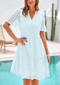 Short Sleeve V Neck Hollow Out Eyelet Ruffle A Line Swing Mini Dress