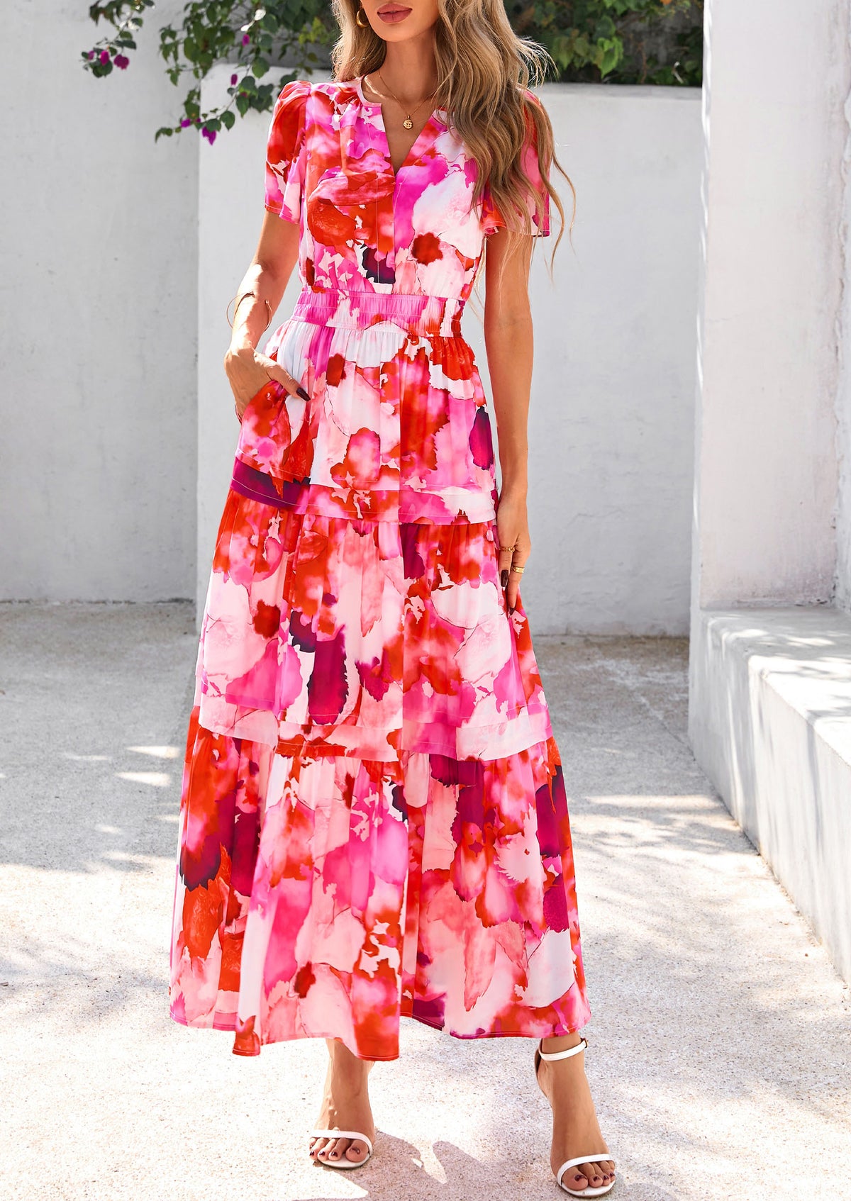Boho Floral Short Sleeve V Neck A Line Tiered Ruffle Flowy Long Beach Vacation Maxi Dresses