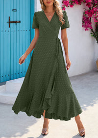 Leisure Bohemian Flower V-Neck Short Sleeved Ruffled Beach Long Skirt