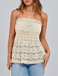 Boho Strapless Off Shoulder Eyelet Smocked Peplum Going Out Tube Tops