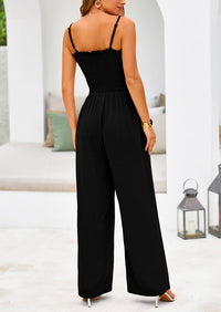 Linen Smocked Spaghetti Strap Pockets Wide Leg Jumpsuits