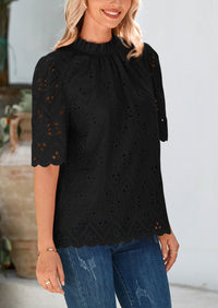 Short Sleeve Eyelet Embroidered Dressy Casual Blouse