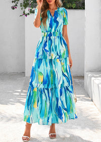 Boho Floral Short Sleeve V Neck A Line Tiered Ruffle Flowy Long Beach Vacation Maxi Dresses