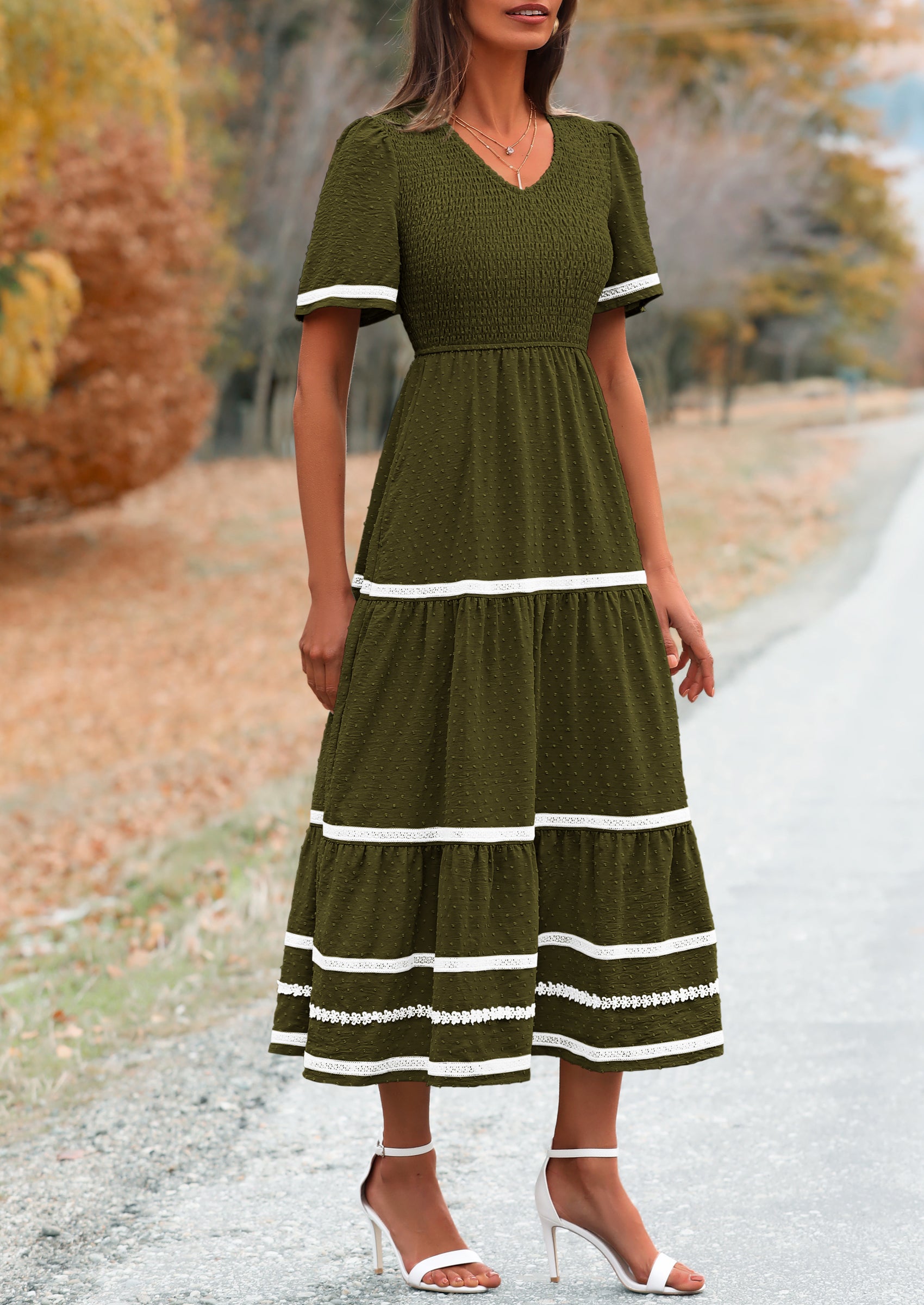 PRETTYGARDEN Women's Casual Summer Maxi Dress Short Sleeve Swiss Dot V Neck Smocked Long Flowy Beach Dresses