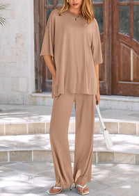 Short Sleeve Pullover Tops And Wide Leg Pants Two Piece Sets