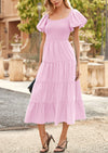 PRETTYGARDEN Casual Square Neck Smocked Tiered Ruffle Midi Dresses