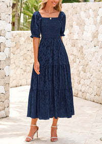 Casual Square Neck Short Sleeve Smocked A Line Floral Flowy Elegant Boho Midi Dresses