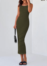 Casual Sleeveless Striped Ribbed Knit Beach Vacation Sundress Tank Midi Dress