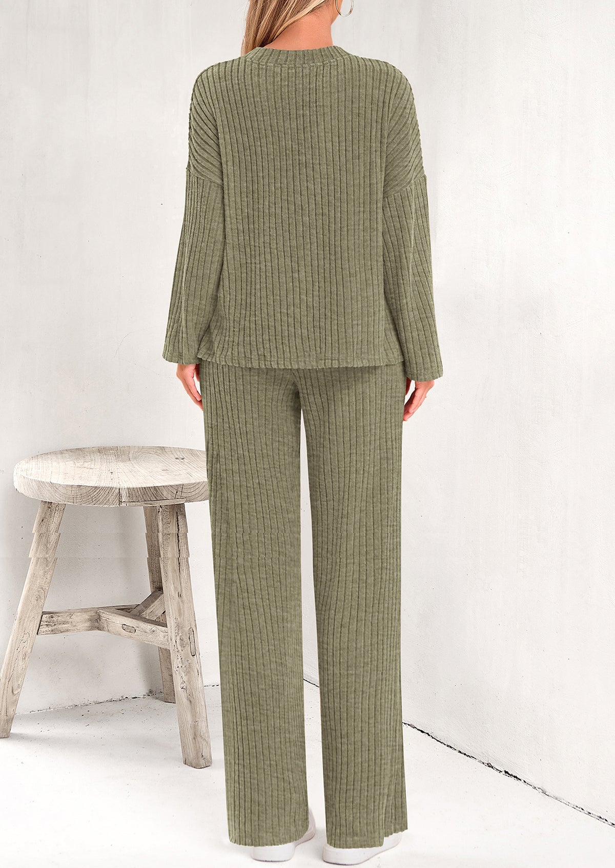 Knitted Long Sleeved V-Neck Pullover, Wide Leg Long Pants Two-Piece Set