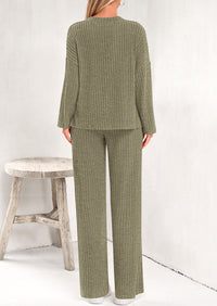 Knitted Long Sleeved V-Neck Pullover, Wide Leg Long Pants Two-Piece Set