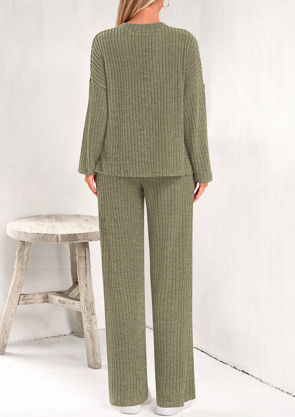 Knitted Long Sleeved V-Neck Pullover, Wide Leg Long Pants Two-Piece Set