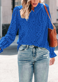 Puff Long Sleeve Button V Neck Hollow Out Lace Embroidered Casual Pullover Blouses