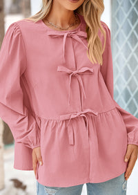 Babydoll Peplum Puff Long Sleeve Bow Tie Front Y2K Blouses