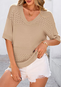 Short Sleeved Casual V-Neck Knitted Small Eye Shirt