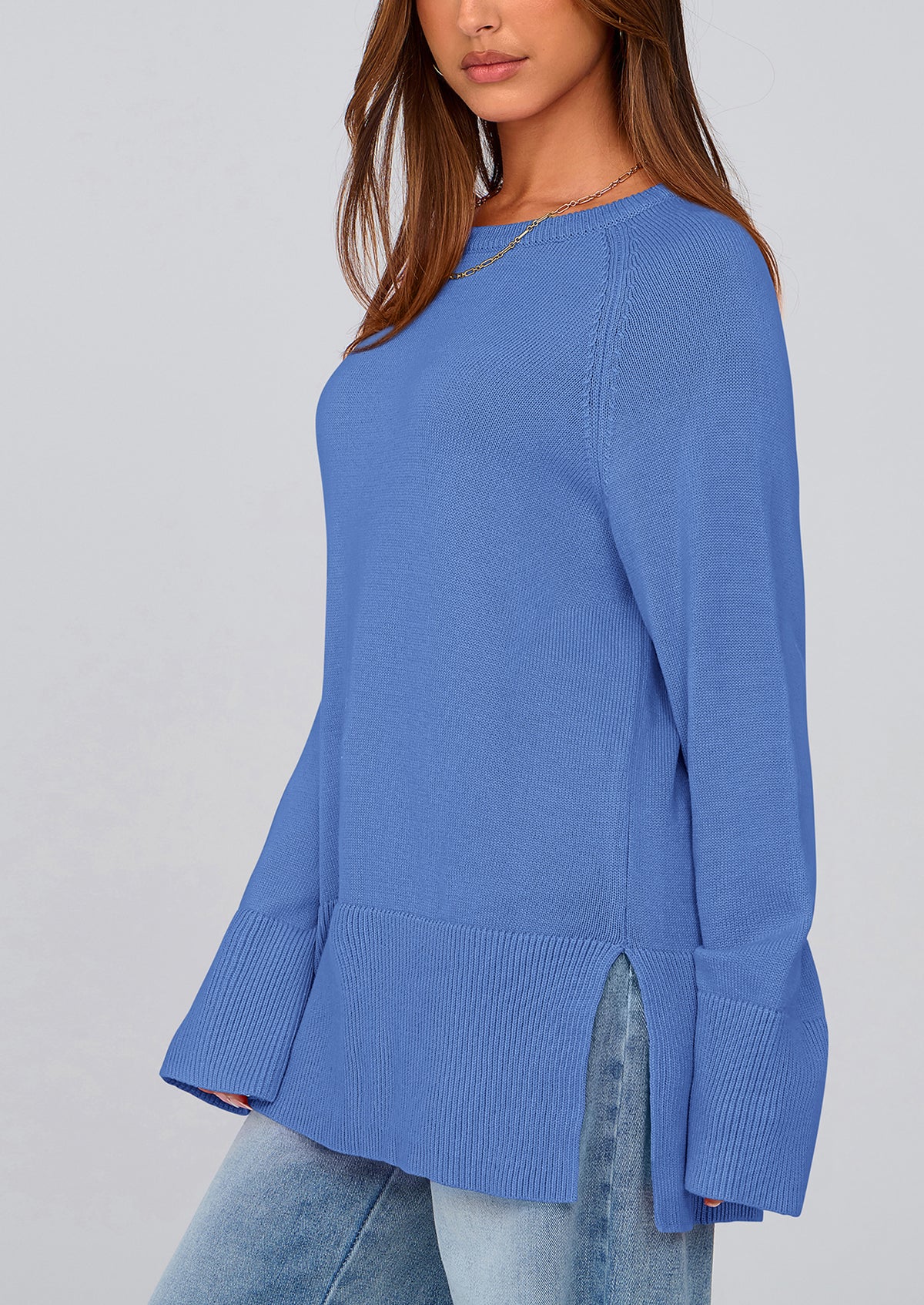 Knit Long Sleeve Crew Neck Split Hem Loose Oversized Tunic Sweaters