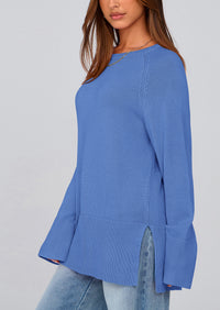Knit Long Sleeve Crew Neck Split Hem Loose Oversized Tunic Sweaters