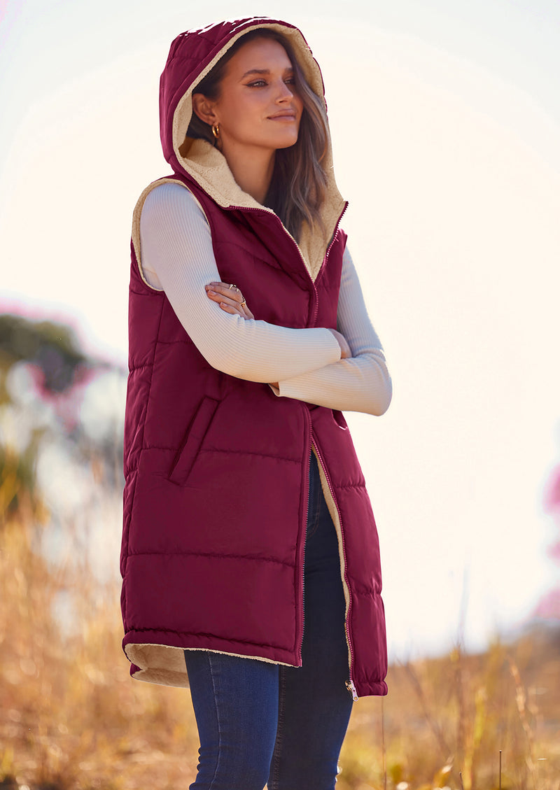 PRETTYGARDEN Womens Fall Reversible Vests Sleeveless Fleece Jacket Zip Up Hoodie Pockets Long Warm Winter Coat Outerwear