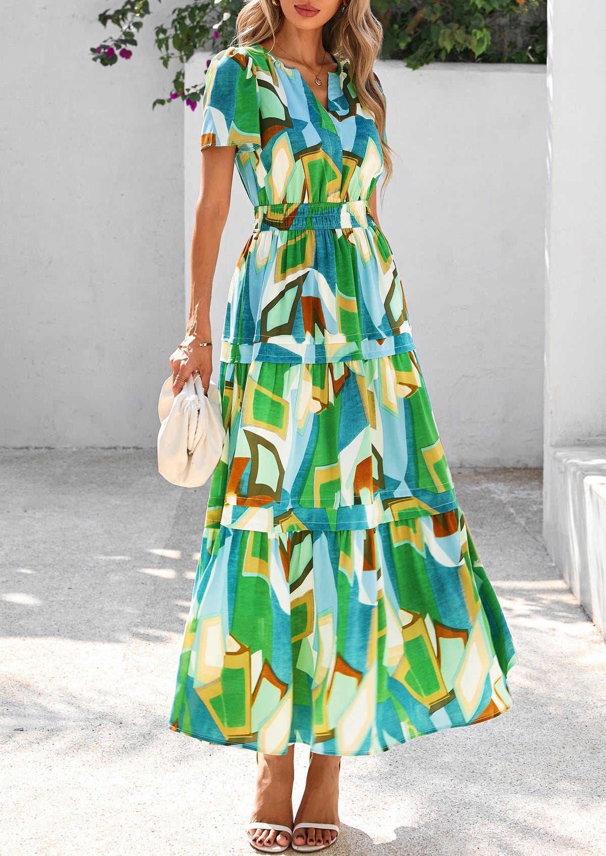 Boho Floral Short Sleeve V Neck A Line Tiered Ruffle Flowy Long Beach Vacation Maxi Dresses