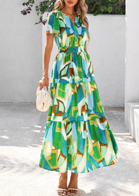 Boho Floral Short Sleeve V Neck A Line Tiered Ruffle Flowy Long Beach Vacation Maxi Dresses