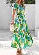 Boho Floral Short Sleeve V Neck A Line Tiered Ruffle Flowy Long Beach Vacation Maxi Dresses