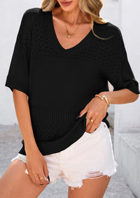 Short Sleeved Casual V-Neck Knitted Small Eye Shirt