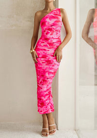 One Shoulder Bodycon Printed Ruched Mesh Party Cocktail Fitted Long Dress