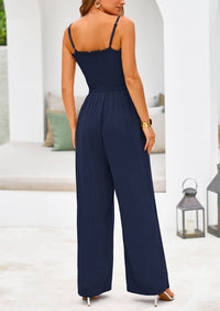 Linen Smocked Spaghetti Strap Pockets Wide Leg Jumpsuits