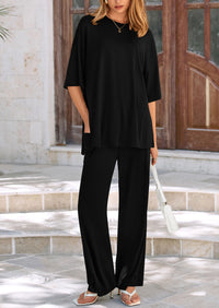 Casual Slit Short Sleeved Top, Loose Wide Leg Pants Two-Piece Set