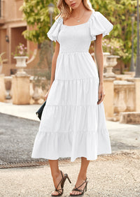 Casual Short Sleeved Square Neck Layered Pleated Dress
