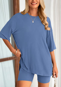 Casual Short Sleeved Round Neck Top Paired With Shorts Two-Piece Set