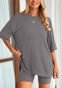Casual Short Sleeved Round Neck Top Paired With Shorts Two-Piece Set