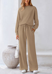Casual Long Sleeve Pullover Tops and Wide Leg Pants Knitted Two Piece Sets