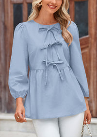 Babydoll Trendy 3/4 Length Puff Sleeve Bow Tie Front Cute Peplum Blouses