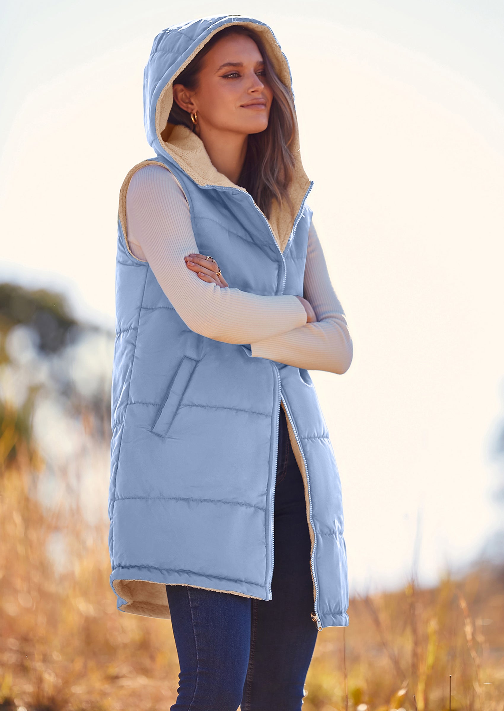 PRETTYGARDEN Womens Fall Reversible Vests Sleeveless Fleece Jacket Zip Up Hoodie Pockets Long Warm Winter Coat Outerwear
