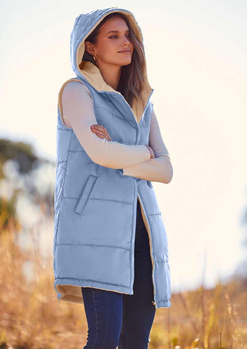 PRETTYGARDEN Womens Fall Reversible Vests Sleeveless Fleece Jacket Zip Up Hoodie Pockets Long Warm Winter Coat Outerwear