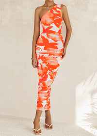 One Shoulder Bodycon Printed Ruched Mesh Party Cocktail Fitted Long Dress