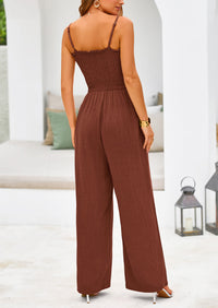 Linen Smocked Spaghetti Strap Pockets Wide Leg Jumpsuits