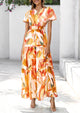 Boho Floral Short Sleeve V Neck A Line Tiered Ruffle Flowy Long Beach Vacation Maxi Dresses