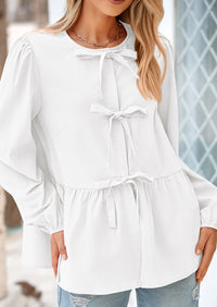 Babydoll Peplum Puff Long Sleeve Bow Tie Front Y2K Blouses