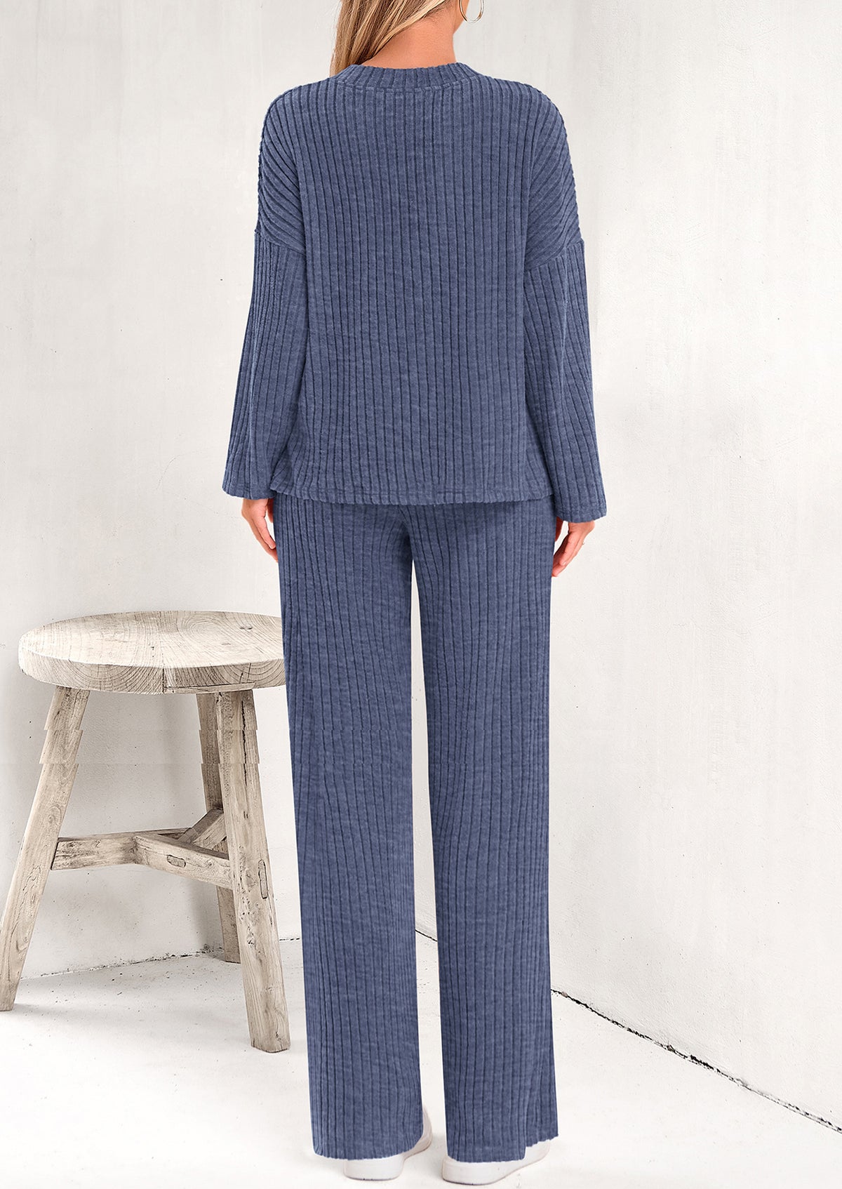 Knitted Long Sleeved V-Neck Pullover, Wide Leg Long Pants Two-Piece Set