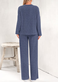 Knitted Long Sleeved V-Neck Pullover, Wide Leg Long Pants Two-Piece Set