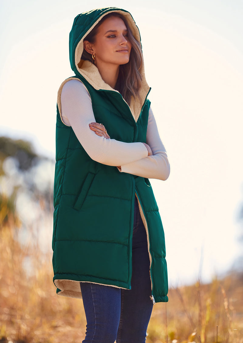PRETTYGARDEN Womens Fall Reversible Vests Sleeveless Fleece Jacket Zip Up Hoodie Pockets Long Warm Winter Coat Outerwear