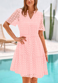 Short Sleeve V Neck Hollow Out Eyelet Ruffle A Line Swing Mini Dress