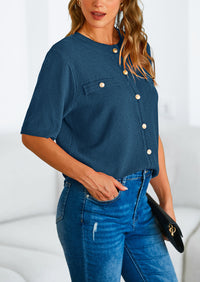 Button Down Casual Short Sleeve Crew Neck Ribbed Knit Shirts